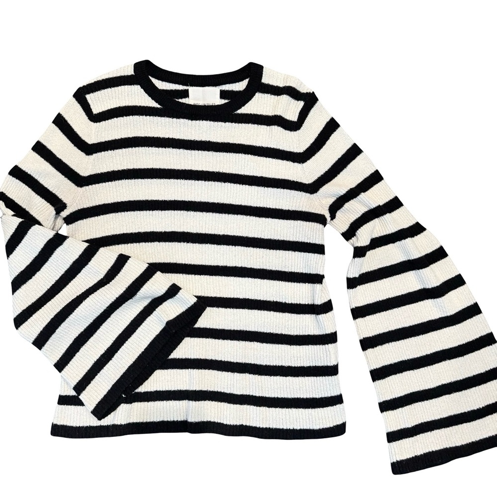Avec Les Filles Black and White Striped Bell Sleeve Crewneck Sweater